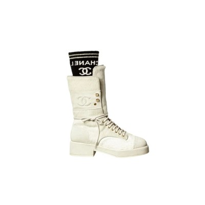 CHANEL LACE-UPS CALFSKIN, KNIT & SUEDE CALFSKIN WHITE & BLACK G39506 Y56127 K4955